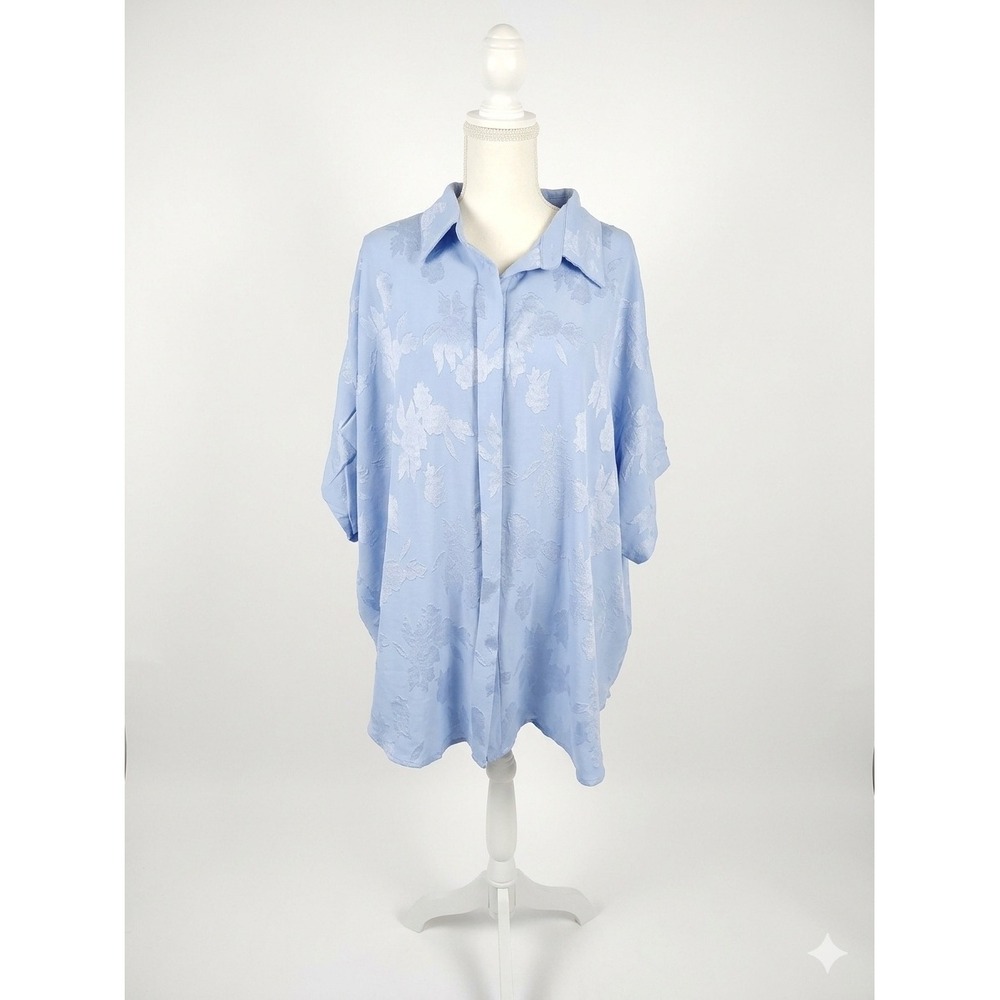 Umgee Light Blue Floral Jacquard Oversized Button Down Shirt 2XL WK9340